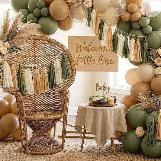 15-Pack Olive Green Brown Tan Cream Tassel Garland Paper Banner Fringe Streamers DIY Kit Woodland Safari Gender Neutral Baby Shower Birthday Nursery Classroom Wall Table Hanging Party Decor