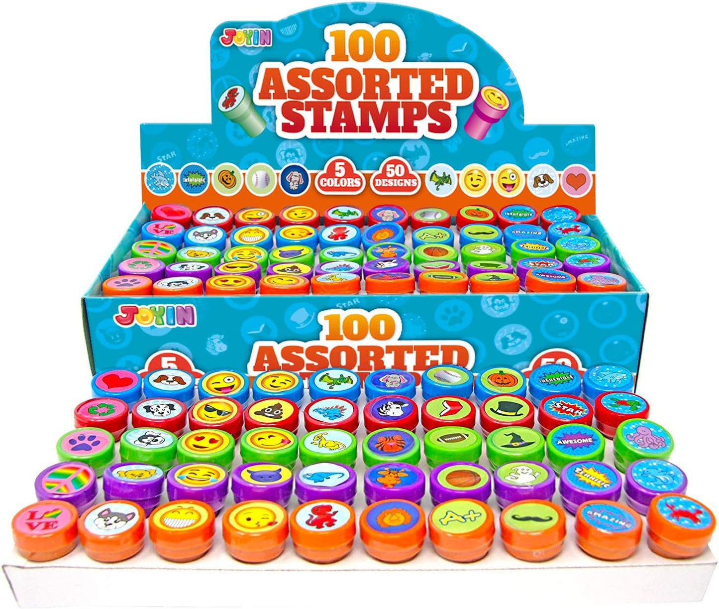 JOYIN 100PCS Assorted Stamps for Kids Self-Ink for Party Favor, Teacher Stamps, Kids Treasure Box, Prize for Classroom, Birthday School Stuffers (50 Designs, Dinosaur, Halloween Stampers)