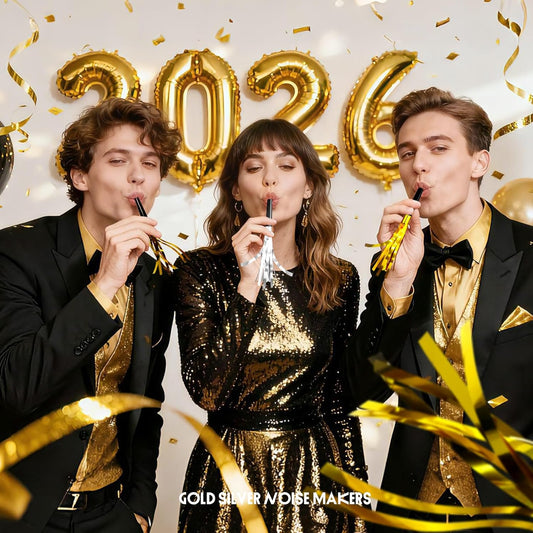 48-Pack Gold & Silver Party Blowers | 24 Gold & 24 Silver Glitter Noise Makers with Metallic Fringe for New Years Eve, Birthday, Sports Games, Adult Party Favors & Supplies