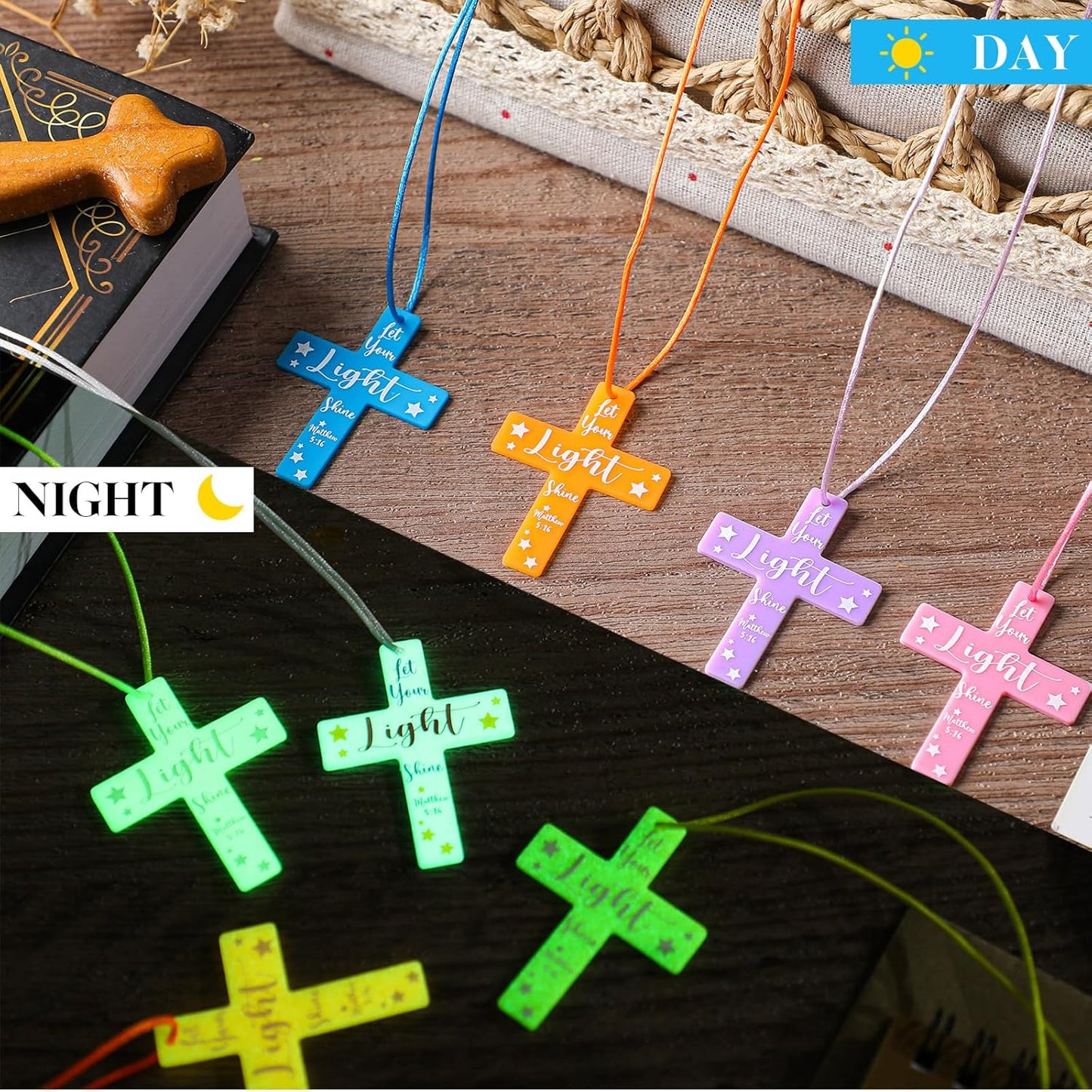 Seenelling 49 Pcs Glow in the Dark Silicone Cross Necklaces Bulk Let Your Light Shine Cross Necklace Bible Verse Religious Christian Gift for Christian VBS Birthday Church Party Favor