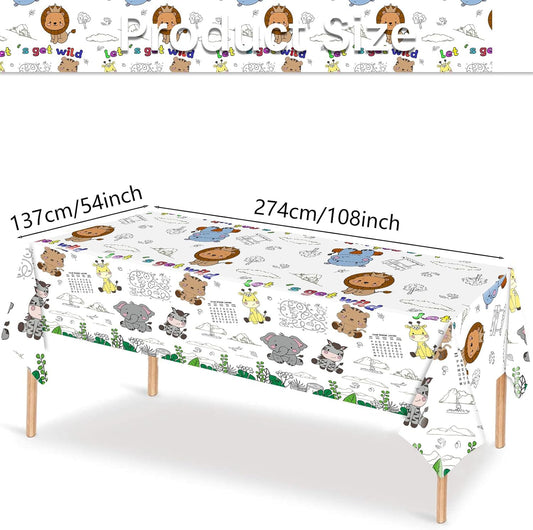 Giant "Let’s Get Wild" Safari Jungle Animal-Themed Coloring Tablecloth - 54"x108" Disposable Paper Zoo Table Cover Poster for Birthday Party Decorations, DIY Creative Activity and Fun Party Favor