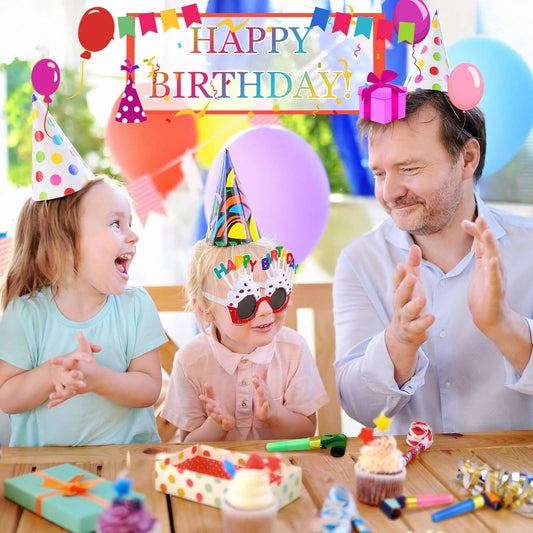 25 Pcs Party Set: 1 Colorful Banner, 3 Glasses, 10 Whistles, 11 Cone Hats for Festive Decor (Classic Style)