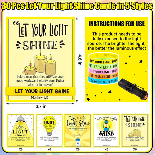 30 Sets/ 60 Pcs Christian Bracelets Gift Let Your Light Shine Matthew 5: 16 Wristbands with Bible Verse Card Glow in the Dark Religious Gifts Easter Church Sunday School VBS Christmas Favors