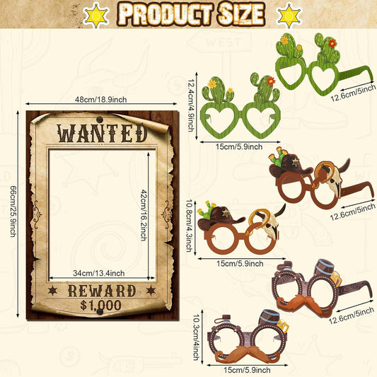 Jenaai 25 Pcs Western Cowboy Photo Booth Props with Wanted Frame, Wild West Party Decorations, Funny Paper Eyeglasses & Prop Kit for Rodeo Theme Birthday, Bachelorette Party Supplies Selfie Favors