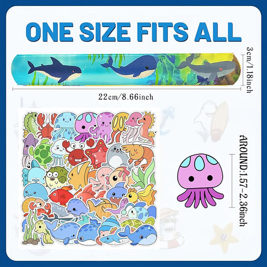74PCS Ocean Animals Party Favor 50PCS Under the Sea Party Stickers&24PCS Slap Bracelets Sea Animals Birthday Supplies Team Gift Filler