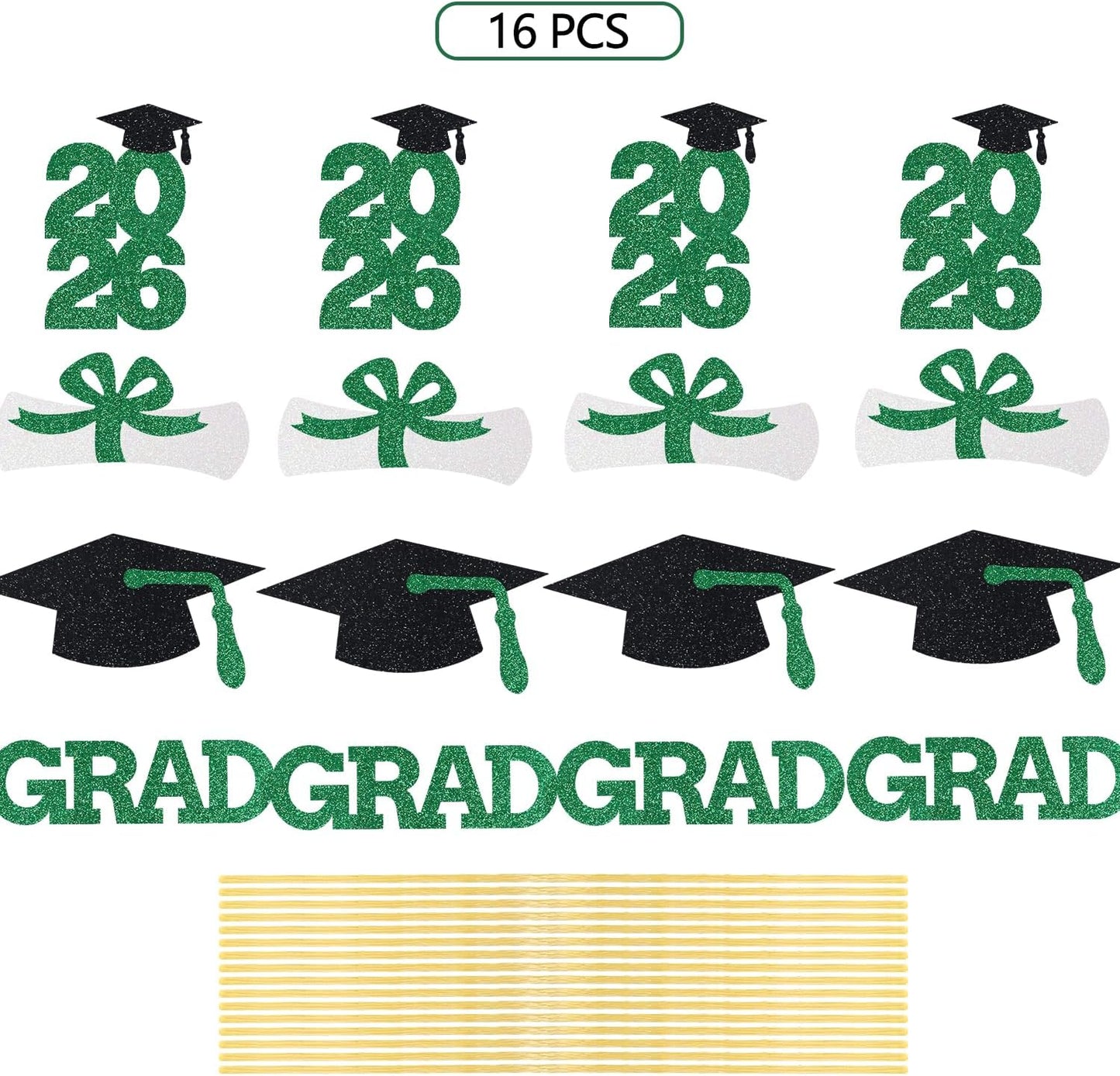 Green Graduation Centerpiece Grad Party Decorations Glitter Sticks Class of Supplies 16 Pieces