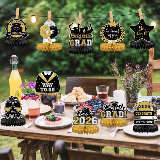 10Pcs Graduation Decorations 2026 Class of 2026 Congrats Grad Table Honeycomb Centerpieces Graduation Party Supplies for kindergarten K-12th College Any Grade Black