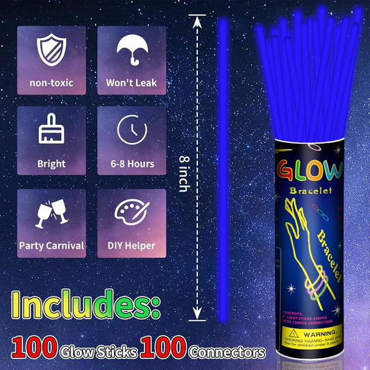 100 Pack 8” Purple Glow Sticks Bulk with 100 Connectors Neon Glow In The Dark Party favors Supplies for Holiday Birthday Party Decoration (Purple)