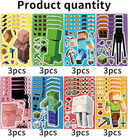 24 Sheets Cartoon Stickers, Mixed & Matched with 8 Designed Characters(3 of Each) Stickers, Cute Pixel Party Favors