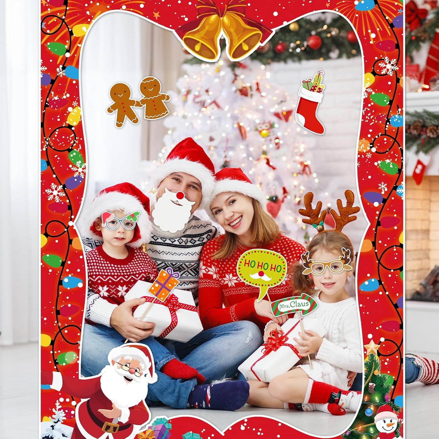 HOWAF 20 Pcs Christmas Photo Booth Props with Merry Christmas Paper Photo Frame, Funny Gingerbread Santa Photo Props for Xmas Holiday Party Decoration, Christmas Tree Selfie Frame Photo Props