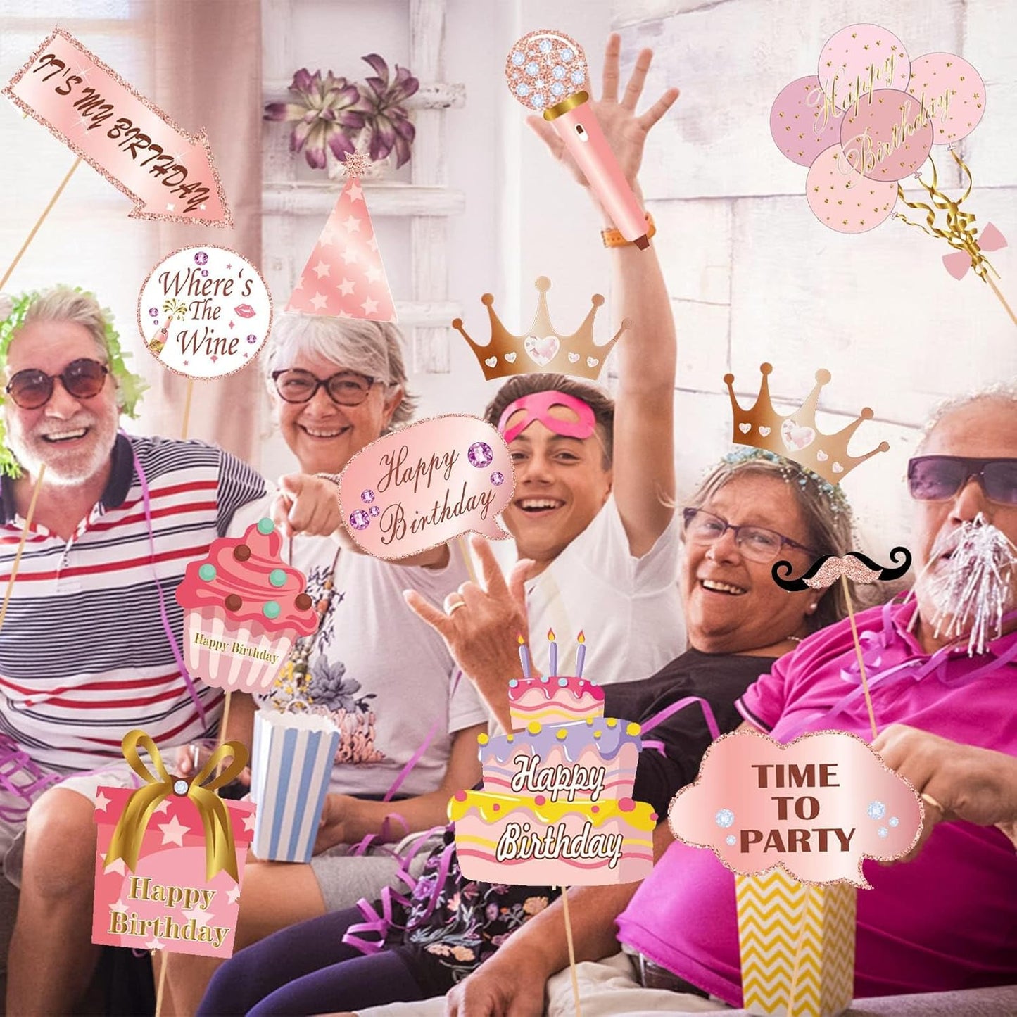 33PCS Glitter Birthday Photo Booth Props, LMSHOWOWO Rose Gold Party Photobooth Props Fun Selfie Props with Lips, Crowns, Flowers, Lipsticks for All Ages Girls Women Birthday Decorations