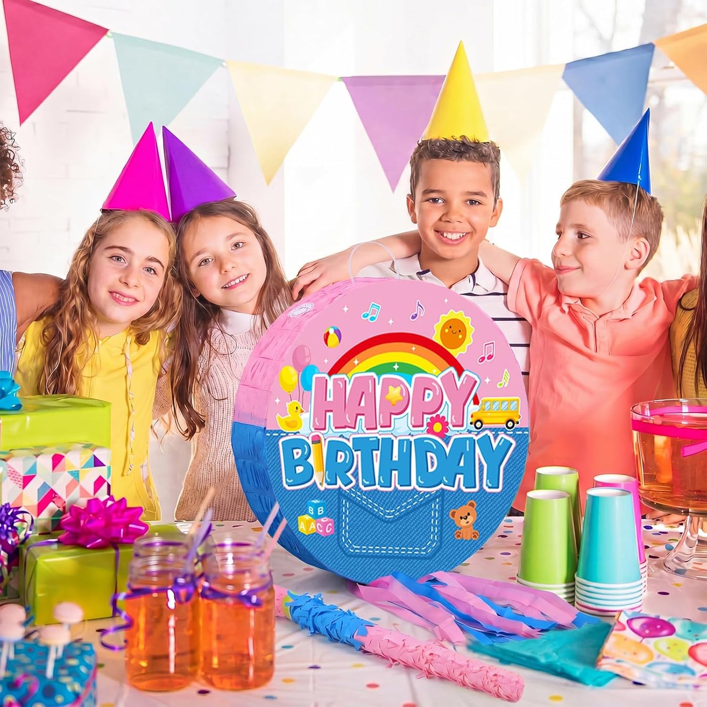 Jexine Birthday Block Piñata Set Birthday Building Piñata with Blindfold, Bat, Stick Blocks Party Supplies for Carnival Fiesta Party Supplies Event Decoration