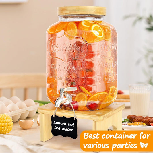 2 Gallon Drink Dispenser with Stand,Glass Beverage Dispenser With Wood Stand, 18/8 Stainless Steel Spigot and Labels Large Water Drink Dispensers for Parties, Lemonade,Juice, Tea