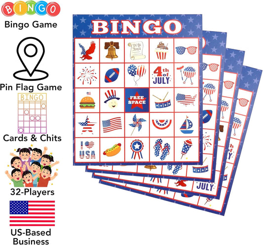Iconikal 32 Player Bingo Game Set, Patriotic, American Flag, America Map, Independence Day, 4th of July Games with Extra Pinning Game