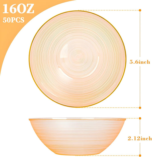 50 Pack 16 Oz Plastic Bowls with Gold Rim, Disposable Soup Bowls, Heavy Duty Dessert Bowls for Mother's Day, Parties, Wedding and Everyday Use, Pink