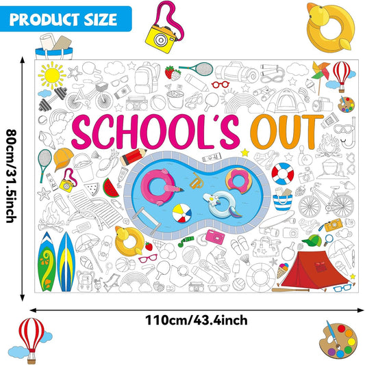 Naozinebi Kids End of School Year Giant Coloring Poster for Summer School's Out Large Coloring Tablecloth Jumbo Big Color Sheet Books Page for Classroom Wall Home Birthday Pool Beach Party Supplies