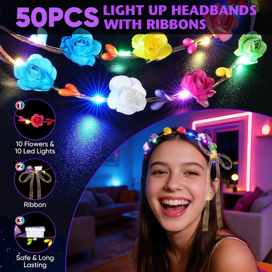 50 PCS LED Flower Crowns Headbands with Ribbons, Light Up Flower Headband for Women, Glow in the Dark Party Supplies for Wedding Birthday Party