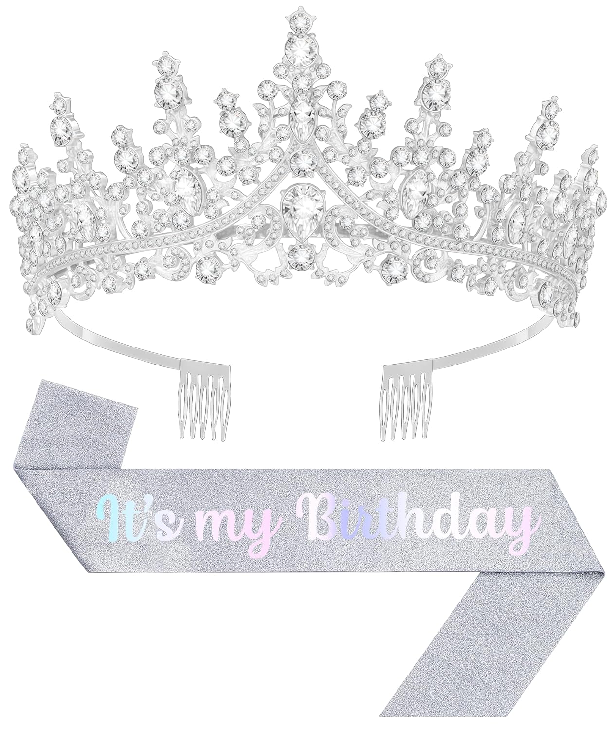 Birthday Tiara and Crown with Sash, Birthday Tiara for Women Party Silver