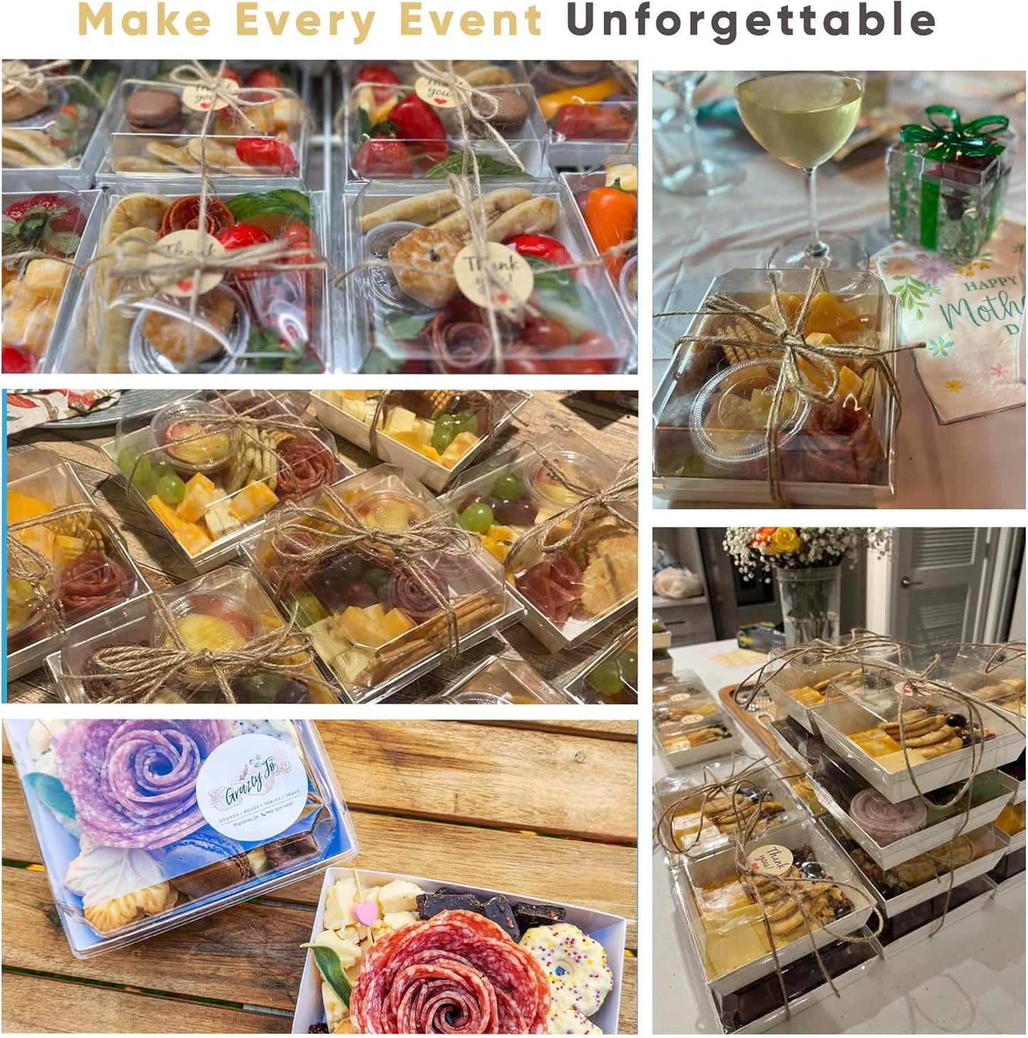 Leafiew 50 Pack Small Charcuterie Boxes with Clear Lids - To Go Paper Mini Charcuterie Box, Disposable Food Containers, 5Inch Dessert Boxes - Sandwich, Cookie, Sushi, Cake Slice, Strawberries (Brown)