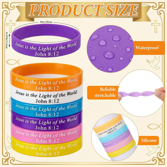 Tondiamo VBS 2026 Rubber Wristbands Bulk Glow in The Dark John 8: 12 Bracelets Bible Verse Luminous Silicone Bracelets with Scripture Words Christian Gift for VBS Religious Church Supplies