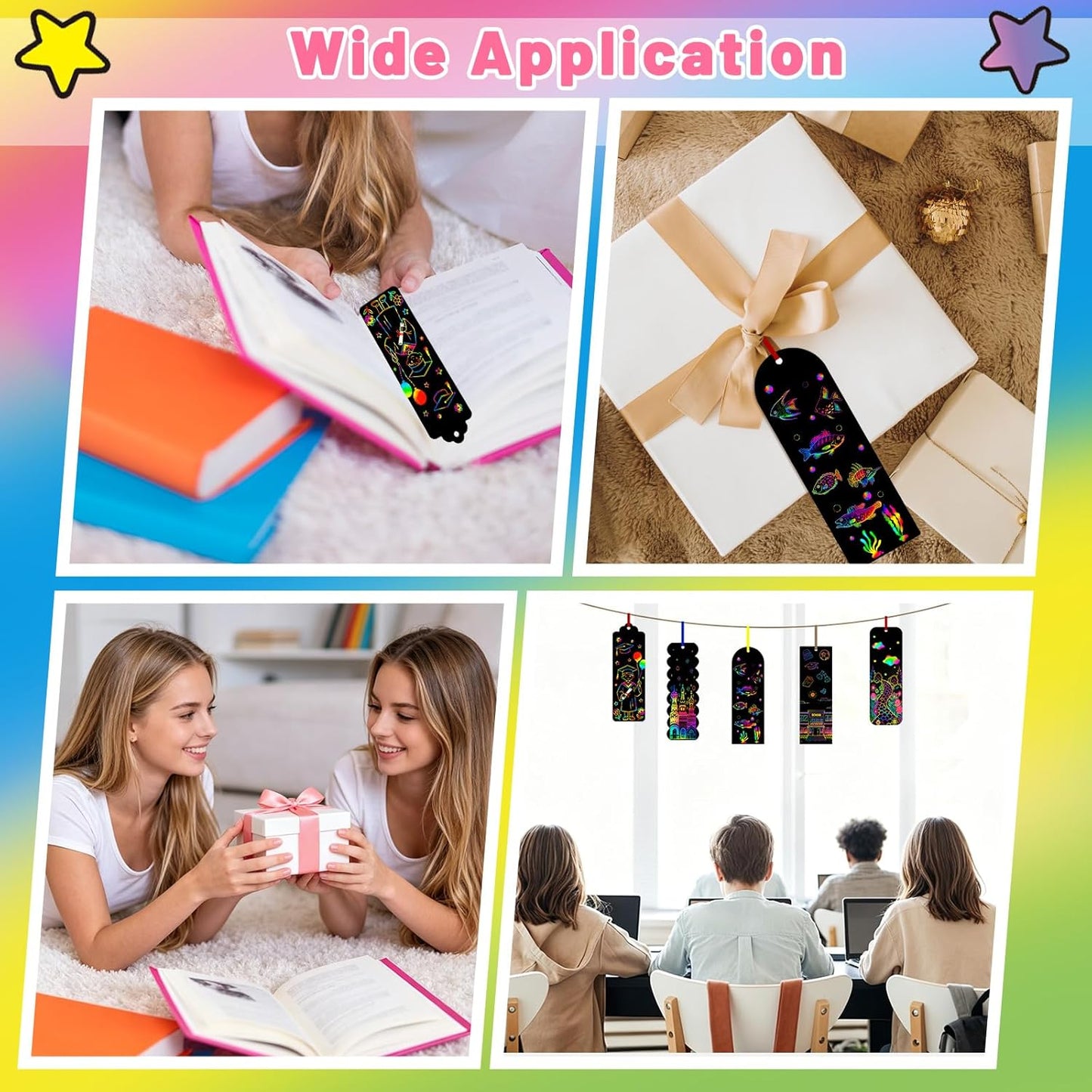 60 Set End of Year Gifts Magic Scratch Rainbow Bookmarks Making Kit, Scratch Paper DIY Bookmarks with Bamboo, Scratch Art Bookmark Craft for School Party Favor