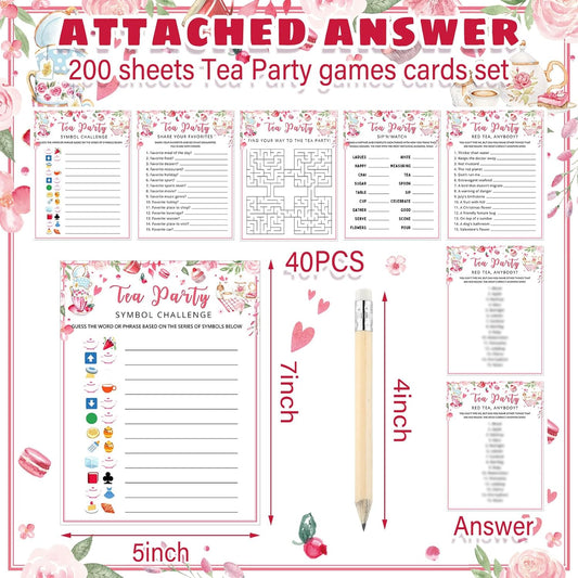 Fullhawl 202 Pcs Tea Party Games 40 Players Floral Tea Party Cards Garden Tea Party Games for School Party, Birthday, Bridal Shower, Garden Tea Party, Family Activities Party, Group Activity