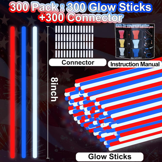 300 Pack 4th of July Glow Sticks Party Favors with Connectors,Patriotic Red White Blue Glow Stick Bracelets Nacklaces Glow in the Dark Party Accessories Memorial Day Decorations,250th Anniversary USA