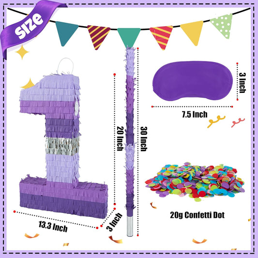 PCFING 20 Inch Number 1 Piñata Purple Silver with 30 Inch Piñata Stick Blindfold Confetti for Boy Girl Kids Birthday Party Decorations, Anniversary Celebration, Fiesta