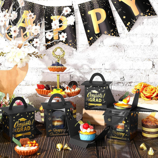 Outus 30 Pcs Graduation Cupcake Boxes Graduation Gift Box Congrats Grad Cupcake Container Candy Boxes with Window and Tassel for 2026 College High School Grad Party(Black)