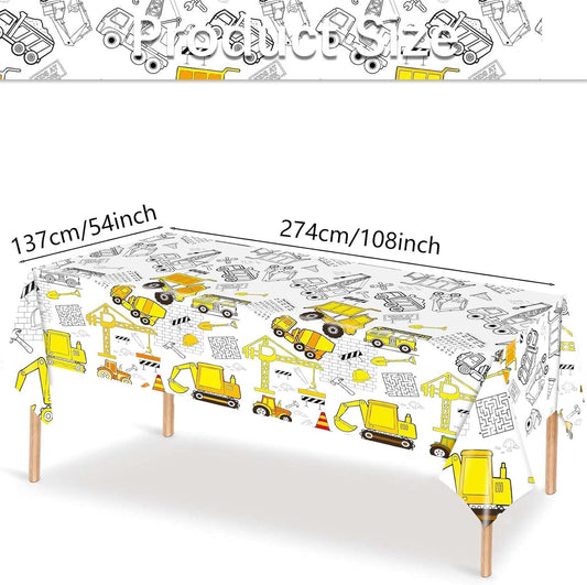 Giant Construction Coloring Tablecloth - 54"x108" Disposable Paper Table Cover Poster with Excavators, Dump Trucks, and Cranes for Birthday Decorations, DIY Creative Activity Party Favors
