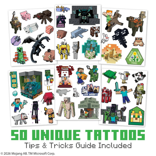 Minecraft Temporary Tattoos for Kids (50 pack). Made in the USA w Certified Safe Ink. Birthday Party Supplies and Party Favors Kit. Bulk Temporary Tattoos Stickers Set for Girls and Boys