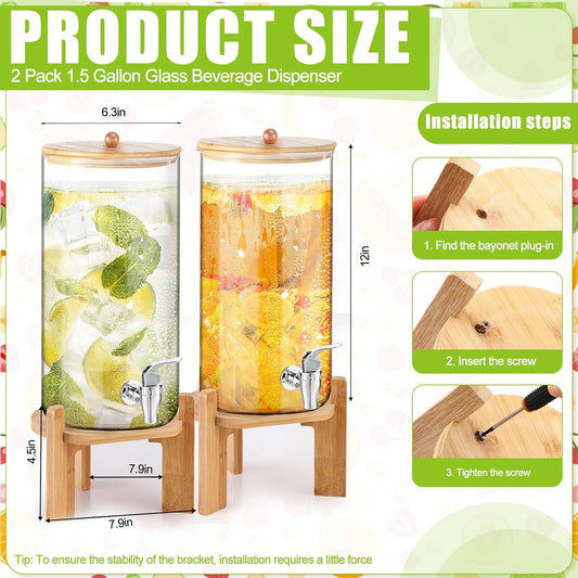 FillTouch 2 Pack 1.5 Gallon Drink Dispensers for Parties, Glass Beverage Dispensers with Wood Stand, Spigot and Bamboo Lid Leakproof for Lemonade Juice, Tea, Water, and Party Drinks