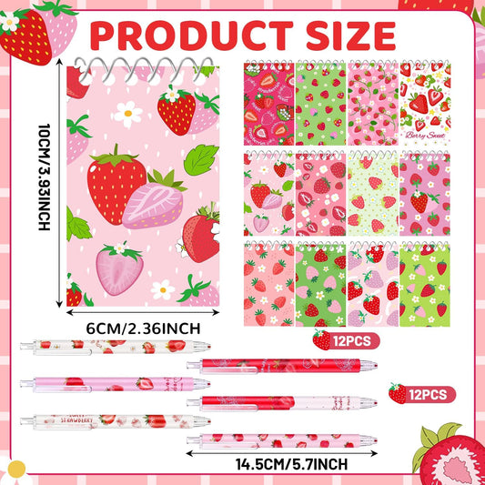 24 Pcs Strawberry Party Favors Include 12 Mini Spiral Strawberry Notebooks and 12 Strawberry Pens Gifts for Strawberry Party Favor Bags Stuffers Teachers School Supplies and Class Reward Prizes