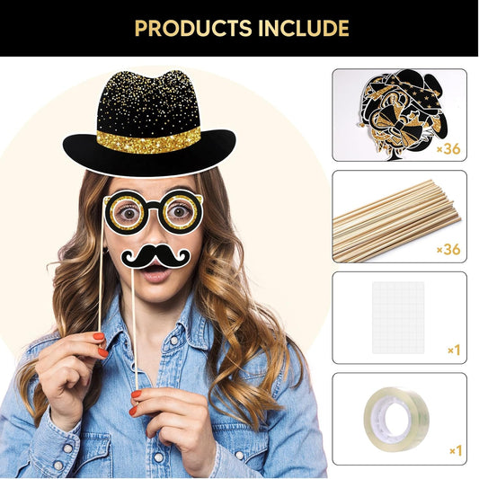 36PCS Black and Gold Photo Booth Prop, Birthday Party Photo Booth Props for Photoshoot Birthday Party Photobooth New Year Graduation Anniversary Party Supplies Graduation Decorations Mother's Day