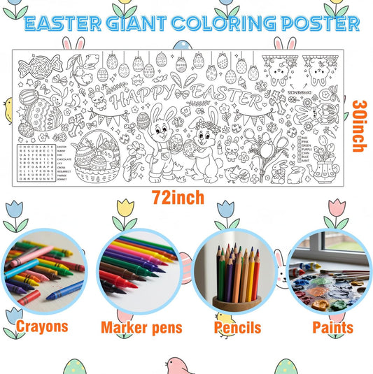 Happy Easter Coloring Tablecloth, Giant Easter Coloring Poster 30 x 72 Inches, Spring Bunny Egg Coloring Table Cover for DIY Painting, Drawing & Easter Party Decorations