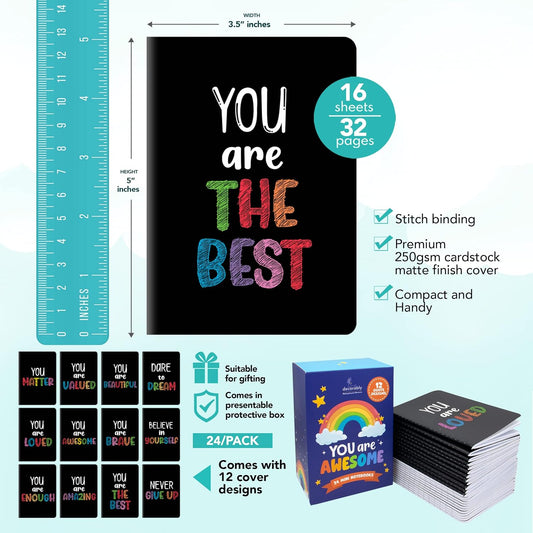 Decorably 24 Pack Rainbow Themed Mini Notebooks Party Favors for Kids 8-12 - 3.5x5in with 12 Adorable Designs, Stitch-Bound with 20 Sheets - Gifts for Birthday, Baby Shower, and School Events