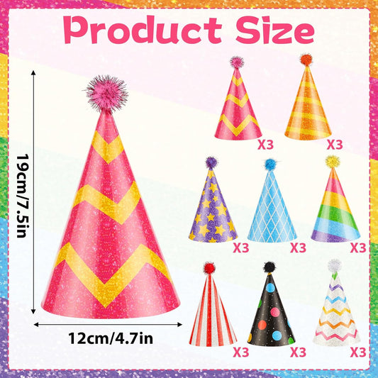 24PCS Colorful Birthday Party Cone Hats Glitter Paper Hat with Pompoms Glitter Birthday Supplies Colorful Paper Headwear for Kids Adults Celebration Baby Shower Bridal Shower Party Decoration