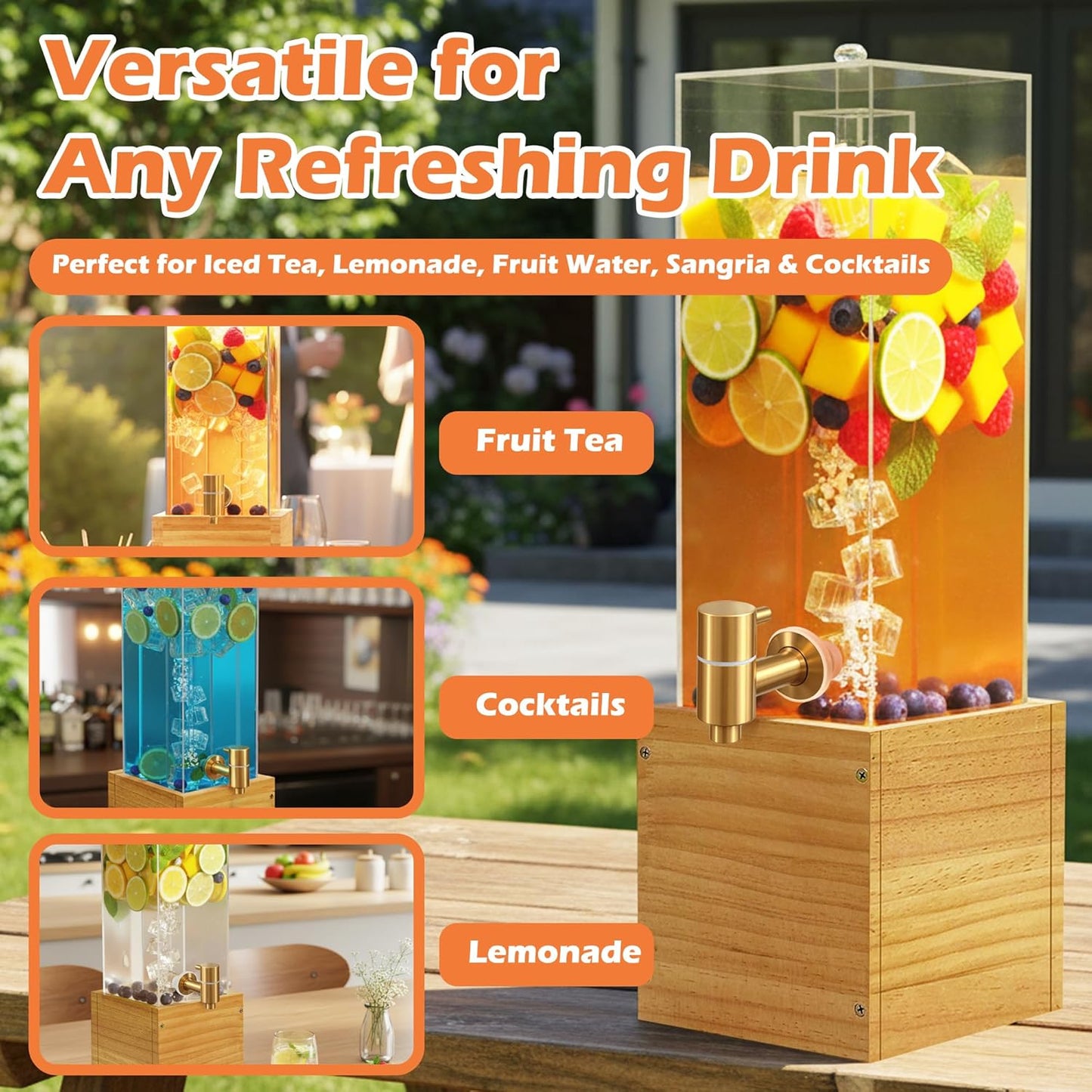 2 Gallon Drink Dispenser for Parties, Beverage Dispenser with Airtight Valve, Large Water Drink Dispenser, Water Dispenser with Wood Stand, Lemonade Dispenser for Water, Juice,Cocktails,Ice Tea