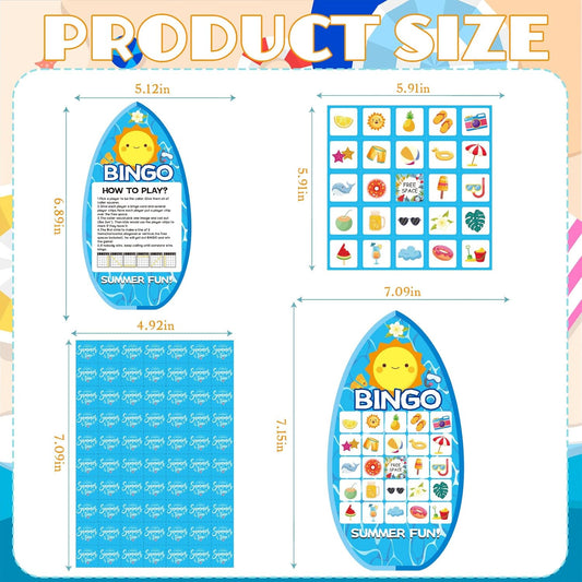 YQUQWN 24Pcs Summer Bingo Game, Pool Party Bingo Game for Adults 24 Players Surfboard Design Bingo Cards for Hawaiian Beach Favors School Party Games Kids School Classroom Party Supplies Activity