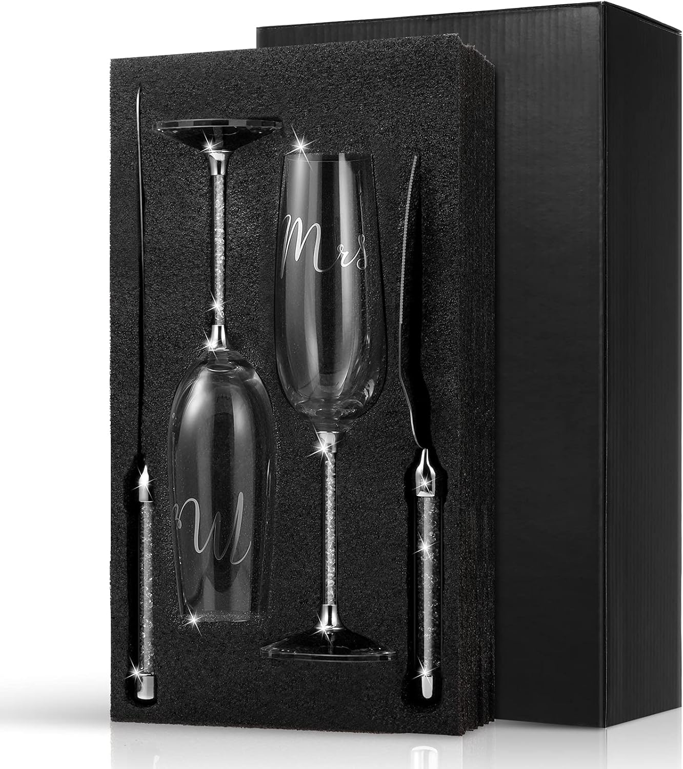 Boao 4 Piece Wedding Cake Knife and Champagne Flutes Server Set Mr and Mrs Toasting Flutes Crystal Rhinestone Cake Cutting Set for Bride and Groom Wedding Engagement Bridal Shower Gifts(Silver)