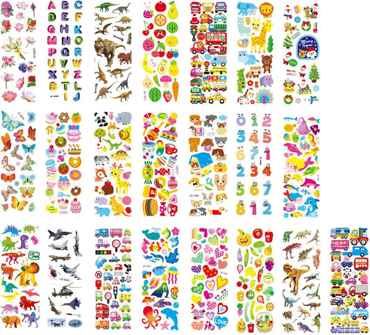 24 Sheets 3D Puffy Stickers for Kids Toddlers Bulk, Small Children Party Bag Sticker Variety Pack for Preschool Teacher, Boy Girl Rewards Crafts Scrapbooking Gifts (Dinosaur Animal Car Flower Heart)
