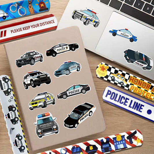 74PCS Police Theme Slap Bracelets and Stickers Set – 24 Slap Bracelets & 50 Stickers – Perfect for Party Decorations, Police Theme Events Birthday Parties Police Gift Bag Fillers