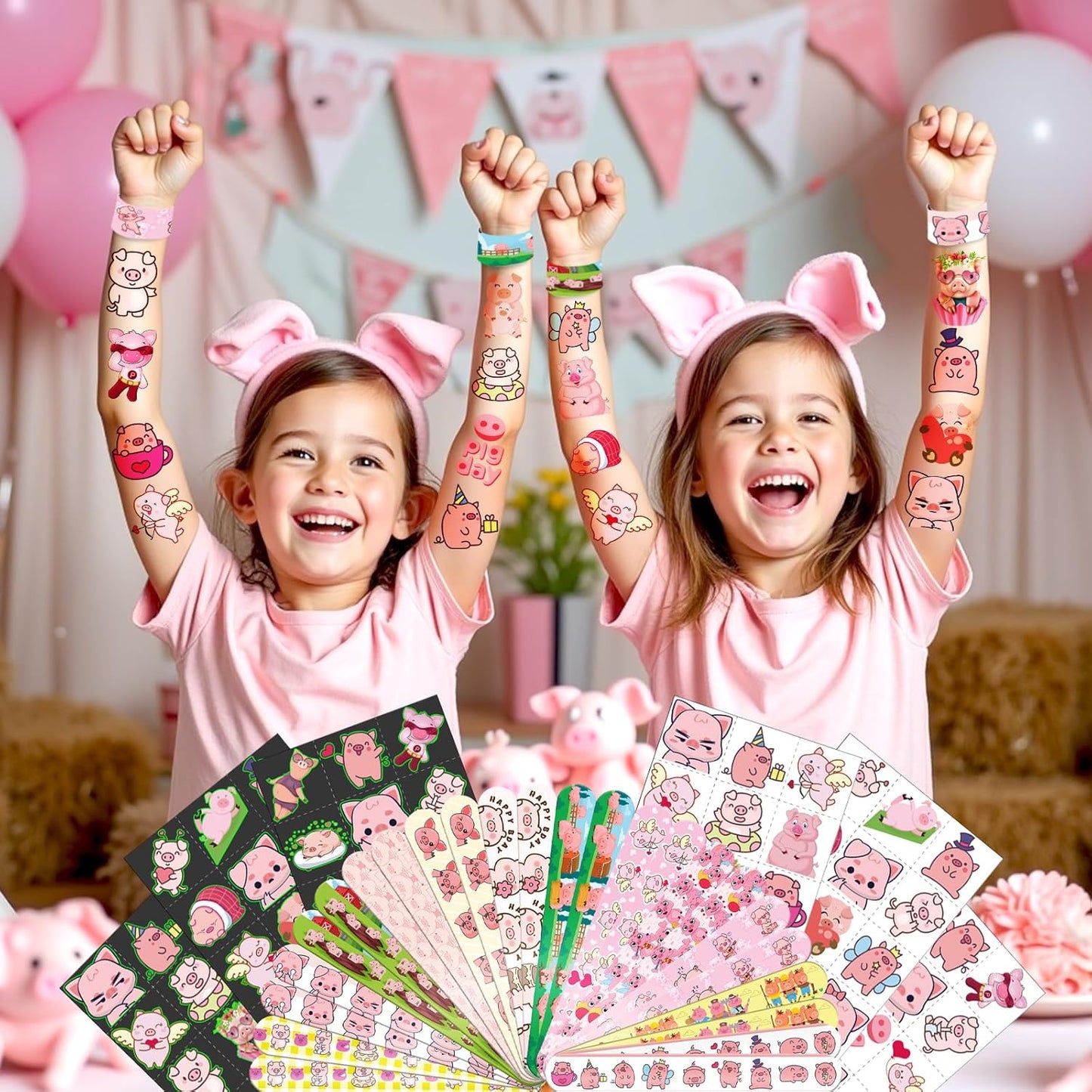 96 PCS Pig Party Favors Set – 72 Pre-Cut Temporary Tattoos & 24 Slap Bracelets for Kids, Cute Farm Birthday Decorations, Barnyard Party Supplies & Classroom Rewards