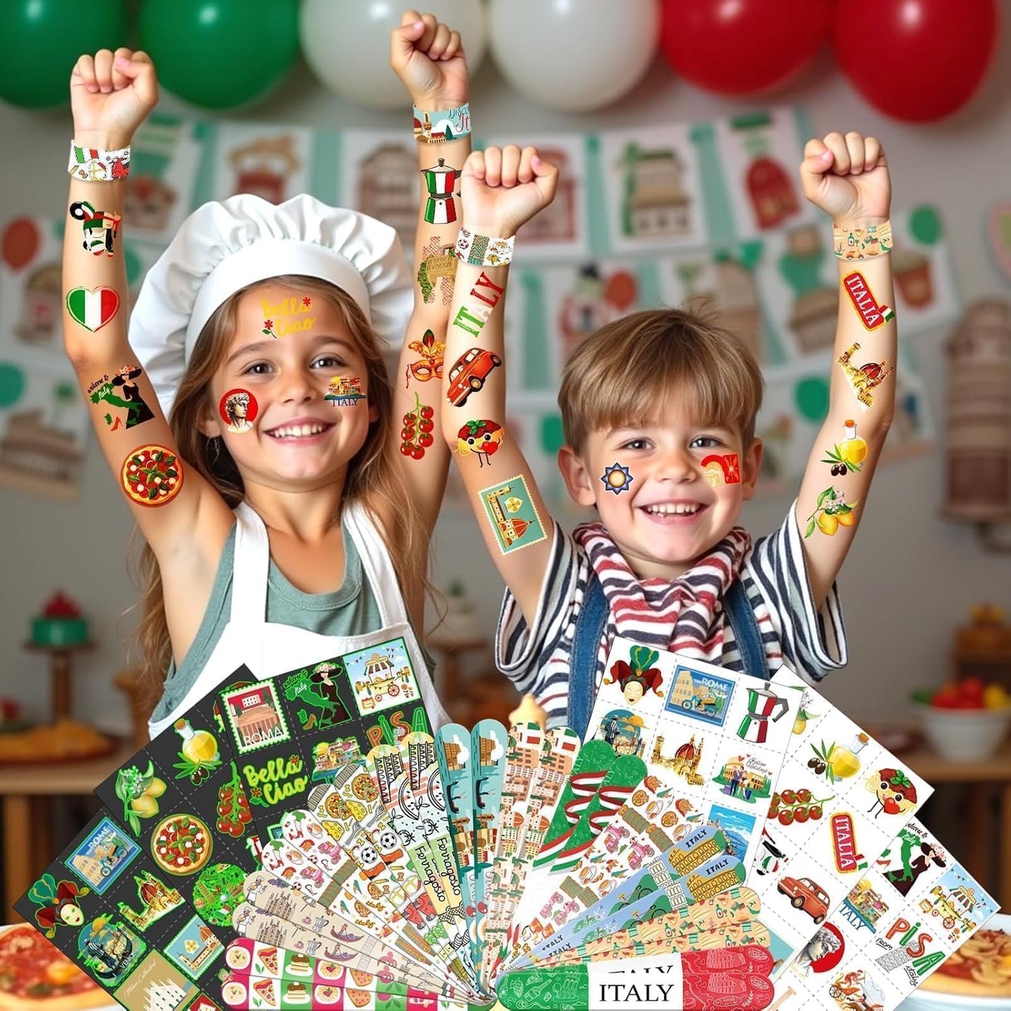 96 PCS Italy Party Favors Set – 72 Pre-Cut Tattoos & 24 Slap Bracelets, Perfect for Travel-Inspired Birthdays & Cultural Celebrations