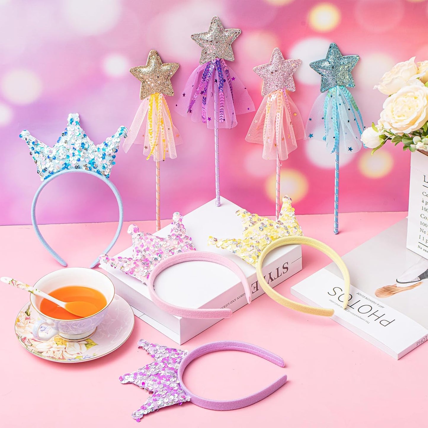 Hollowfly 12 Pcs Princess Party Favors Including 6 Glitter Star Fairy Wands and 6 Sequin Princess Crown Headbands for Girls Birthday Party Gifts