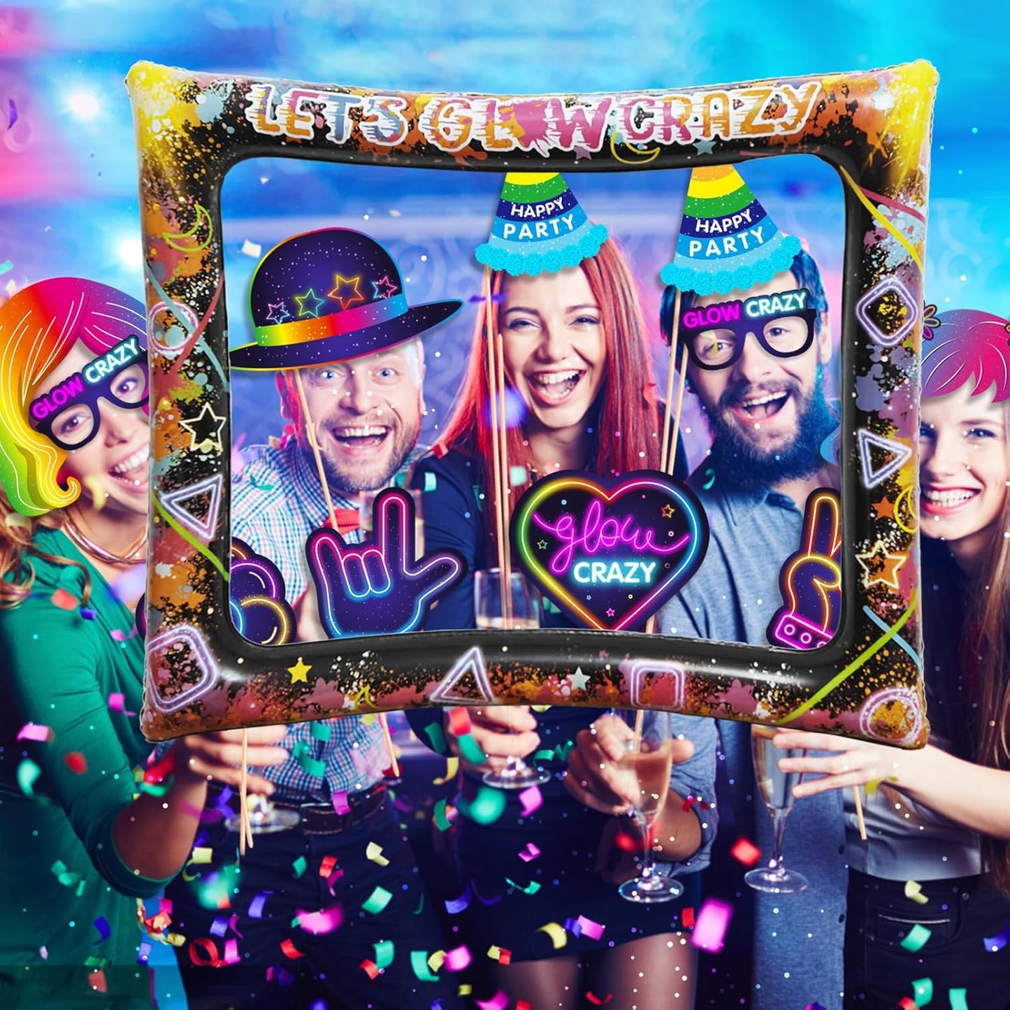 25pcs Neon Glow Party Photo Booth Props with Let's Glow Inflatable Selfie Photo Booth Frame - Funny Neon Selfie Props for Dark Black Light Birthday Party Decoration Supplies