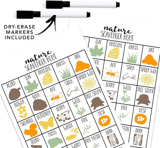 Nature Scavenger Hunt Games for Kids, Outdoor, Birthday Party, Road Trip, Travel Activities, Includes 10 Dry Erase Markers and Cards, Family Game Night