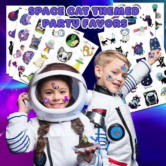 96 PCS Funny Space Cat Temporary Tattoos Themed Birthday Party Decorations Supplies Favors Decor Cute Galaxy Cats Astronaut Star Tattoo Stickers Gifts For Kids Girls Boys School Prizes Carnival