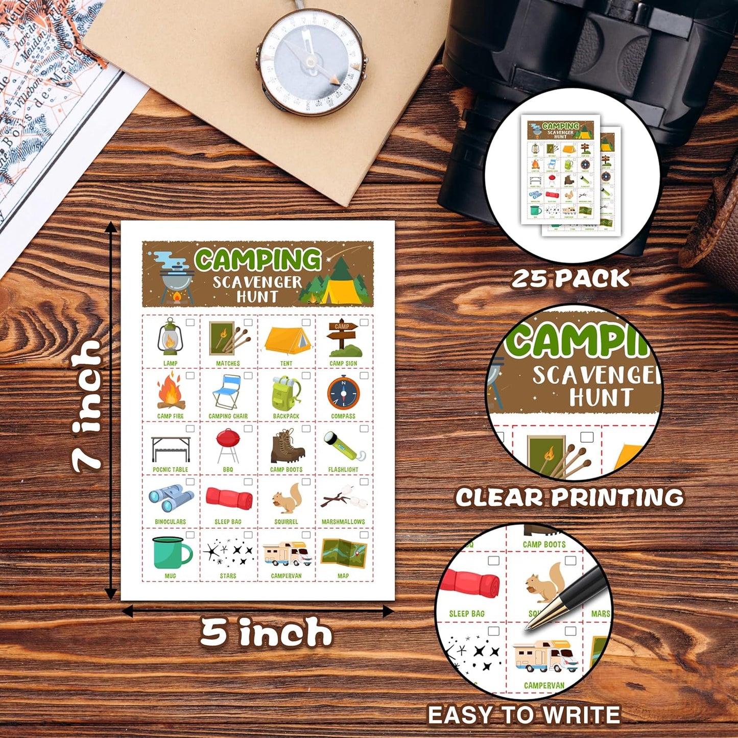 Camping Scavenger Treasure Hunt Games Cards for Friends and Family, Outdoor Scavenger Hunts, Trip Family Holiday Party Games, Find and Seek Camping Game Set -05
