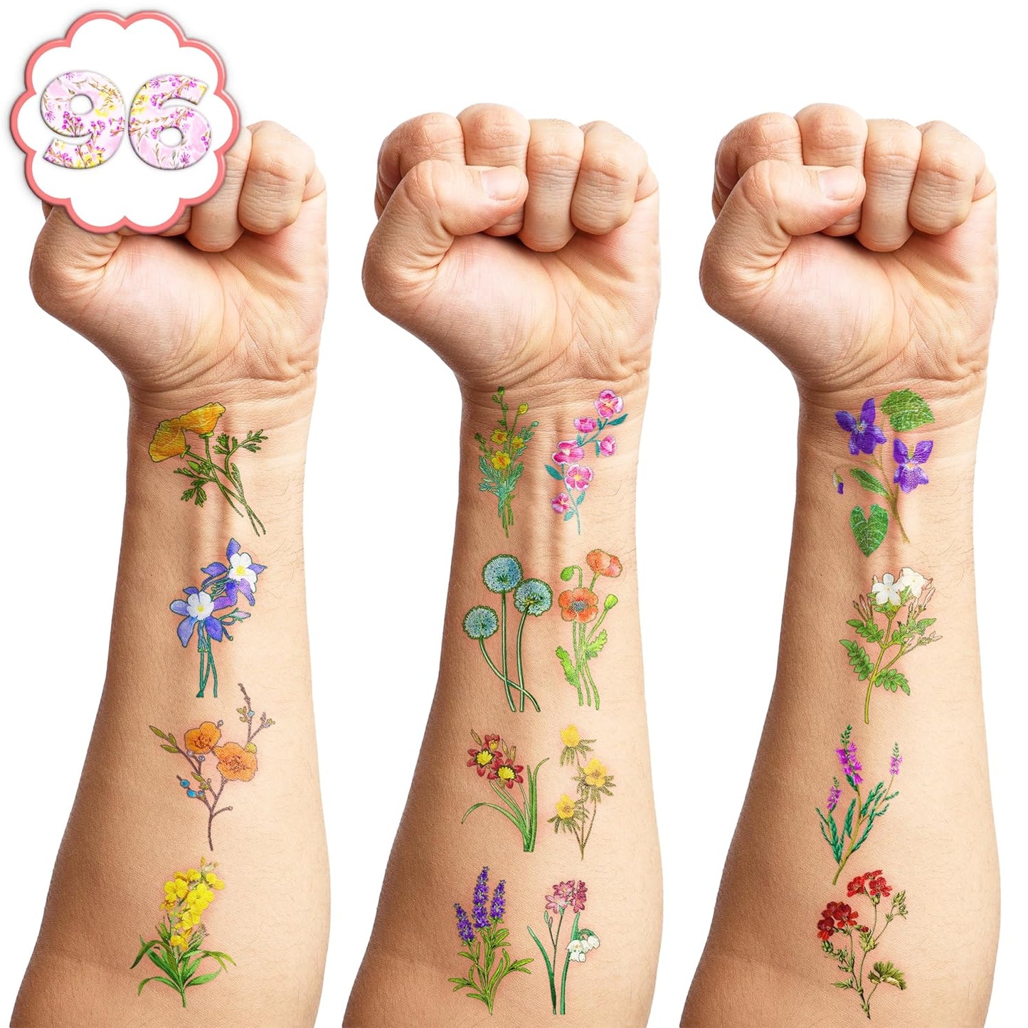 96 PCS Small Wildflower Floral Pre–Cut Temporary Tattoos Birthday Party Decorations Supplies Favors Spring Flower Bouquets Decor Stickers Gifts Boys Girls Classroom School Prizes Reward (Normal)